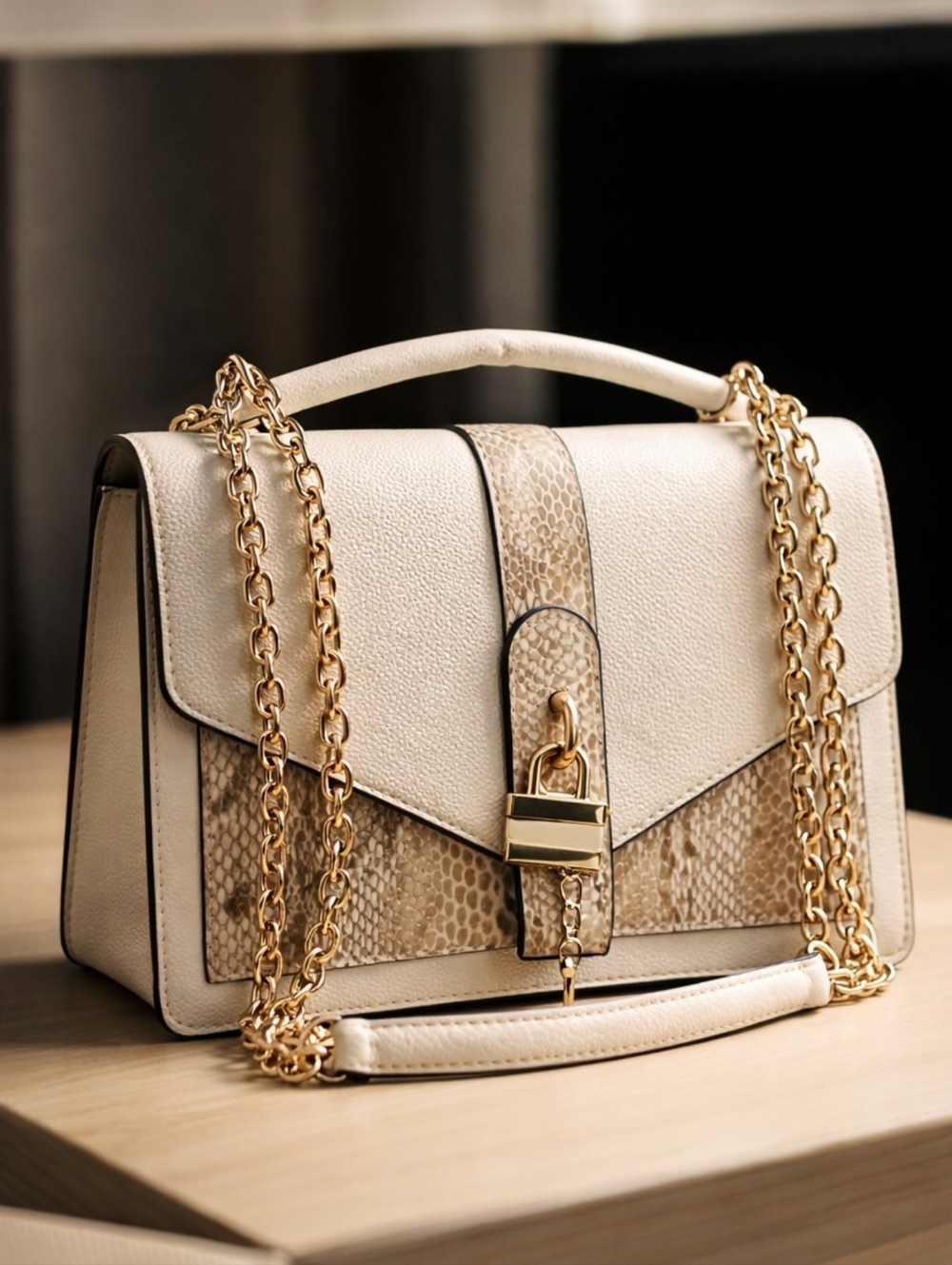 ALDO Ivory & Python Embossed  Crossbody Satchel Gold Chain Lock Bag EUC